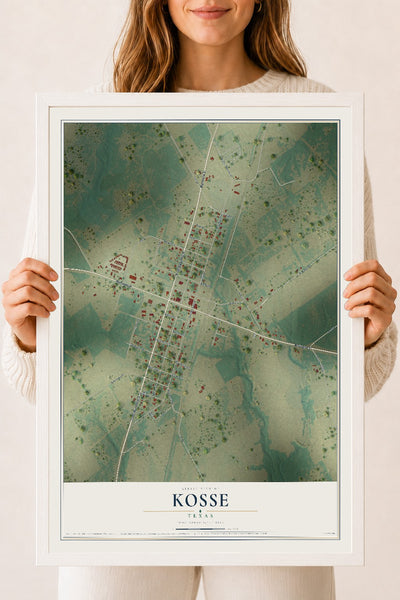 Map of Kosse, Texas, 18 x 24 inch print in a white wood frame