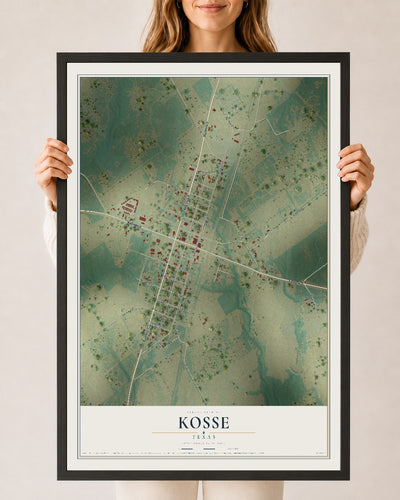 Map of Kosse, Texas, 24 x 36 inch print in a black wood frame