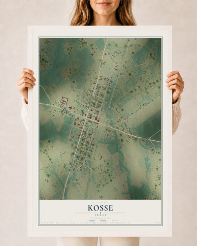 Map of Kosse, Texas, 24 x 36 inch print in a white wood frame