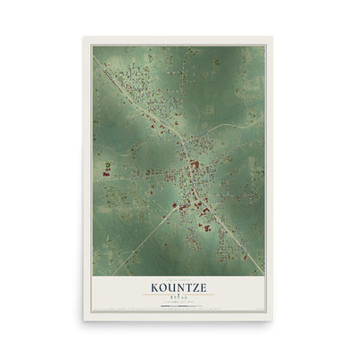 Map of Kountze, Texas, 12 x 18 inch unframed archival matte print