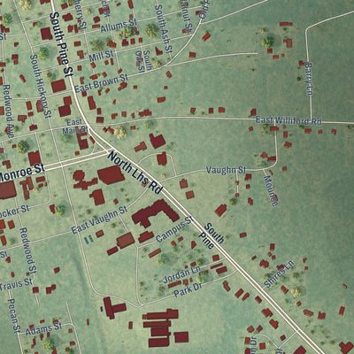 Close-up of the map of Kountze, Texas print showing street and building detail