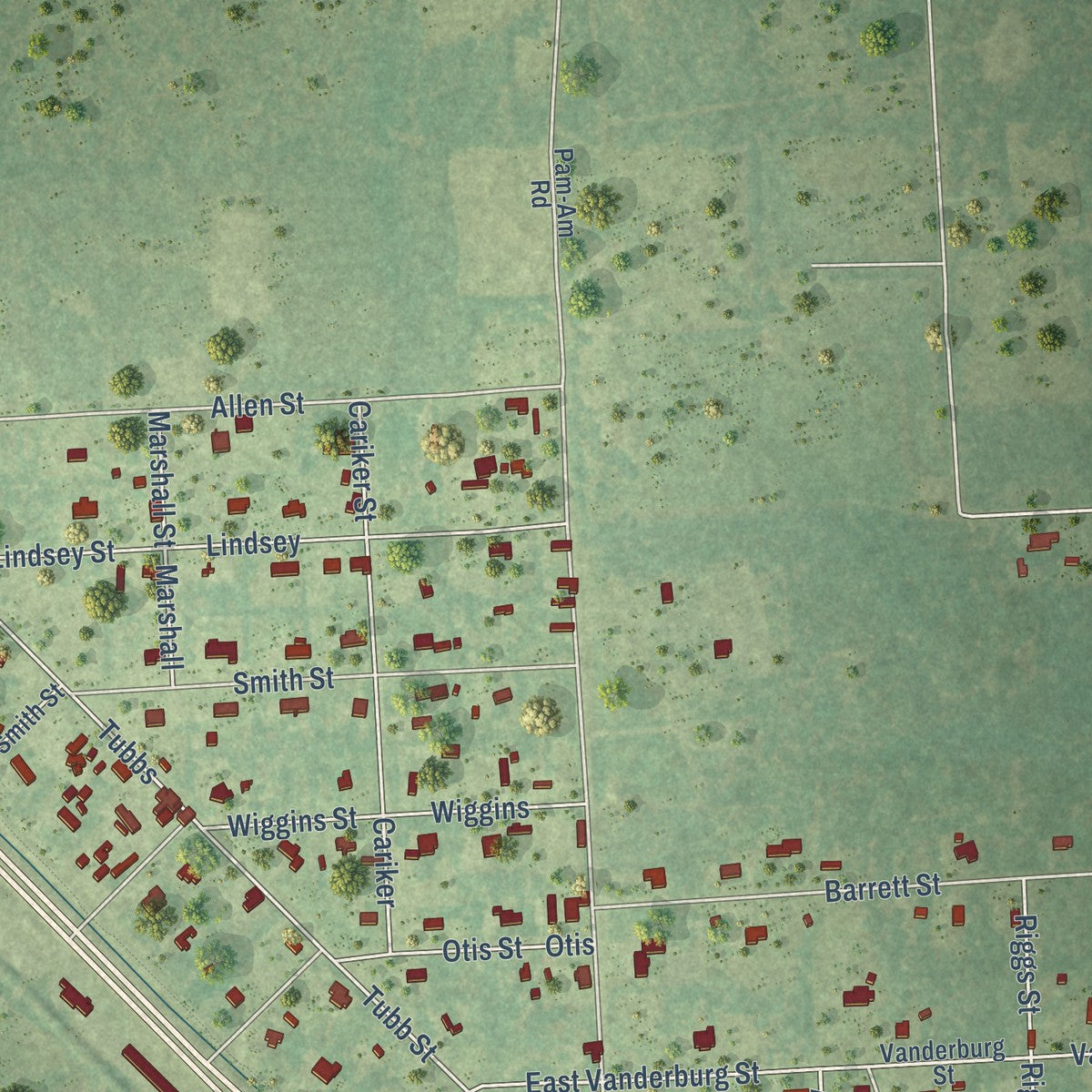 Second close-up of the map of Kountze, Texas print showing more streets and buildings