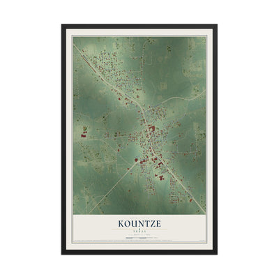 Map of Kountze, Texas, 12 x 18 inch print in a black wood frame