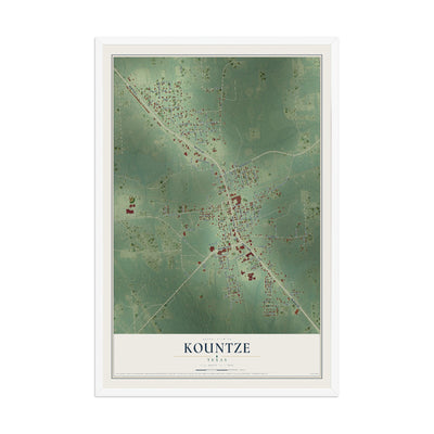 Map of Kountze, Texas, 12 x 18 inch print in a white wood frame