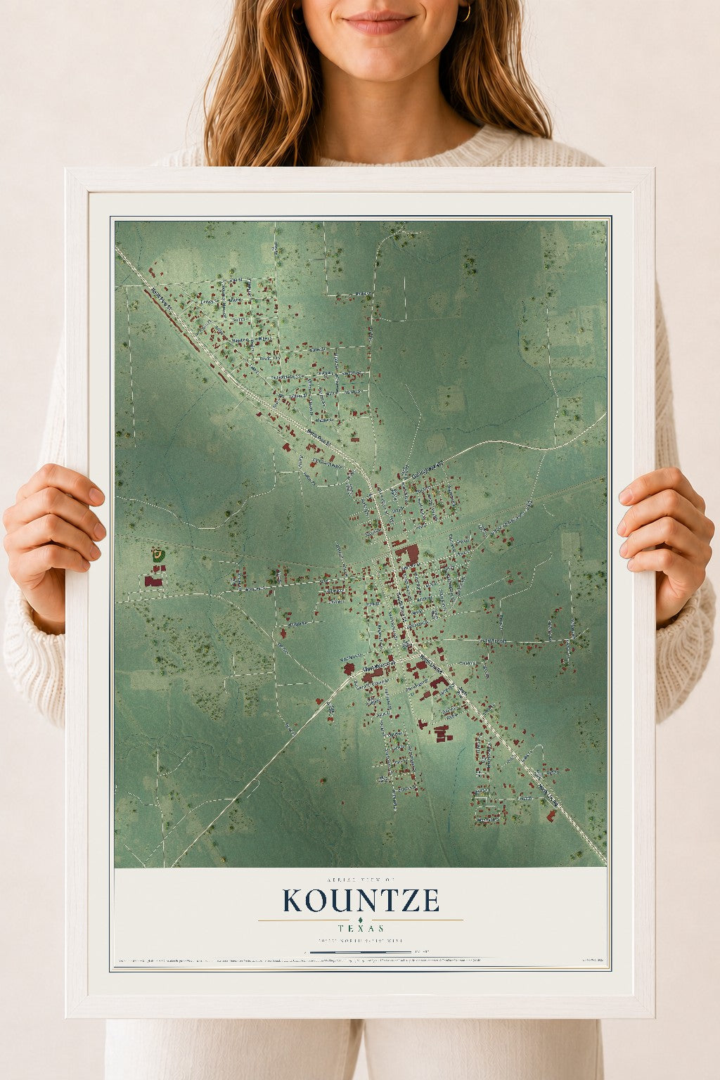 Map of Kountze, Texas, 18 x 24 inch print in a white wood frame