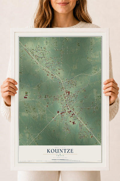 Map of Kountze, Texas, 18 x 24 inch print in a white wood frame