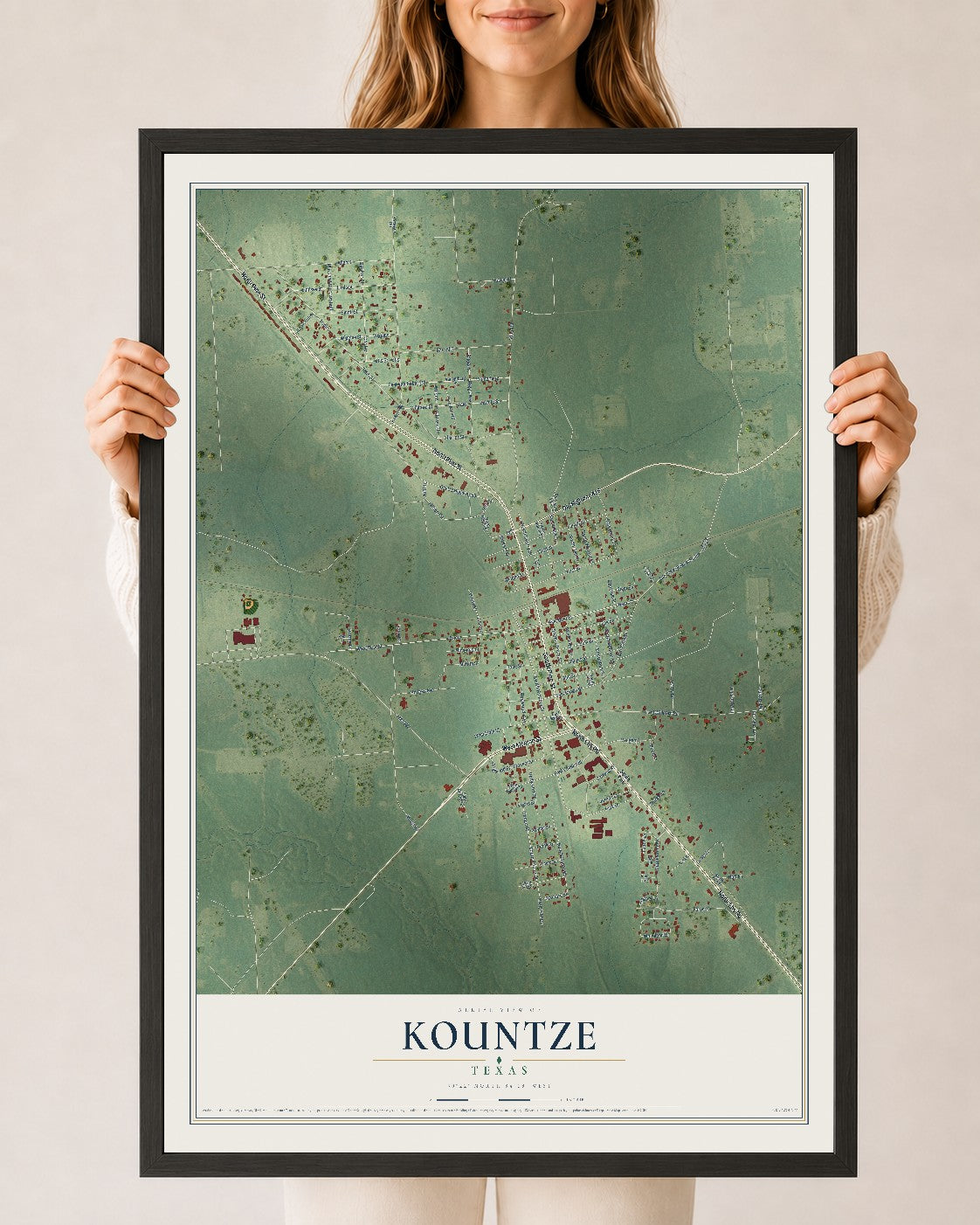 Map of Kountze, Texas, 24 x 36 inch print in a black wood frame