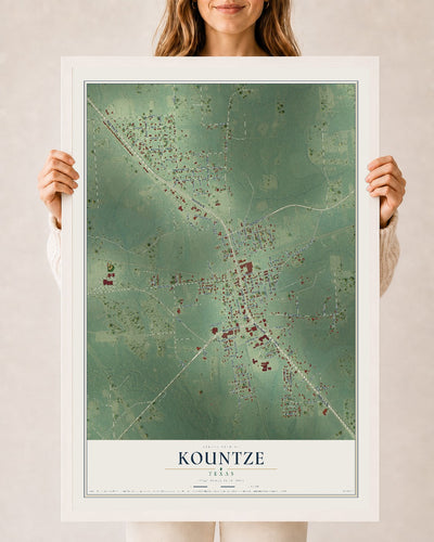 Map of Kountze, Texas, 24 x 36 inch print in a white wood frame