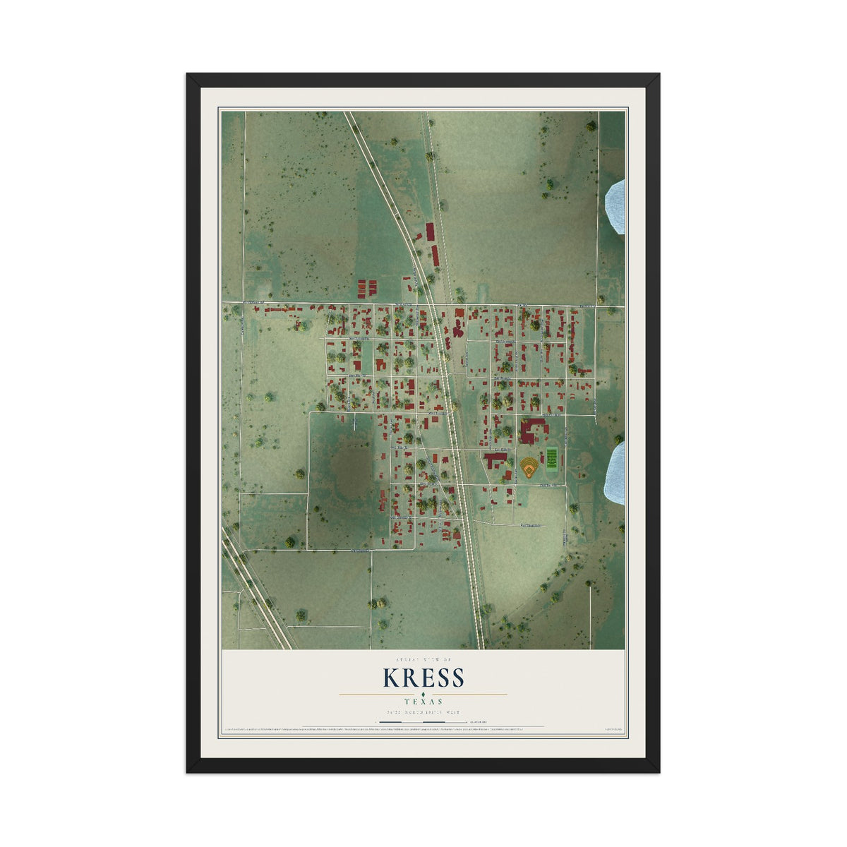 Map of Kress, Texas, 12 x 18 inch print in a black wood frame