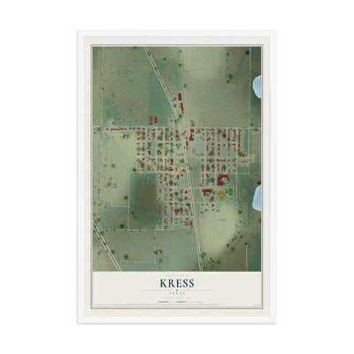 Map of Kress, Texas, 12 x 18 inch print in a white wood frame