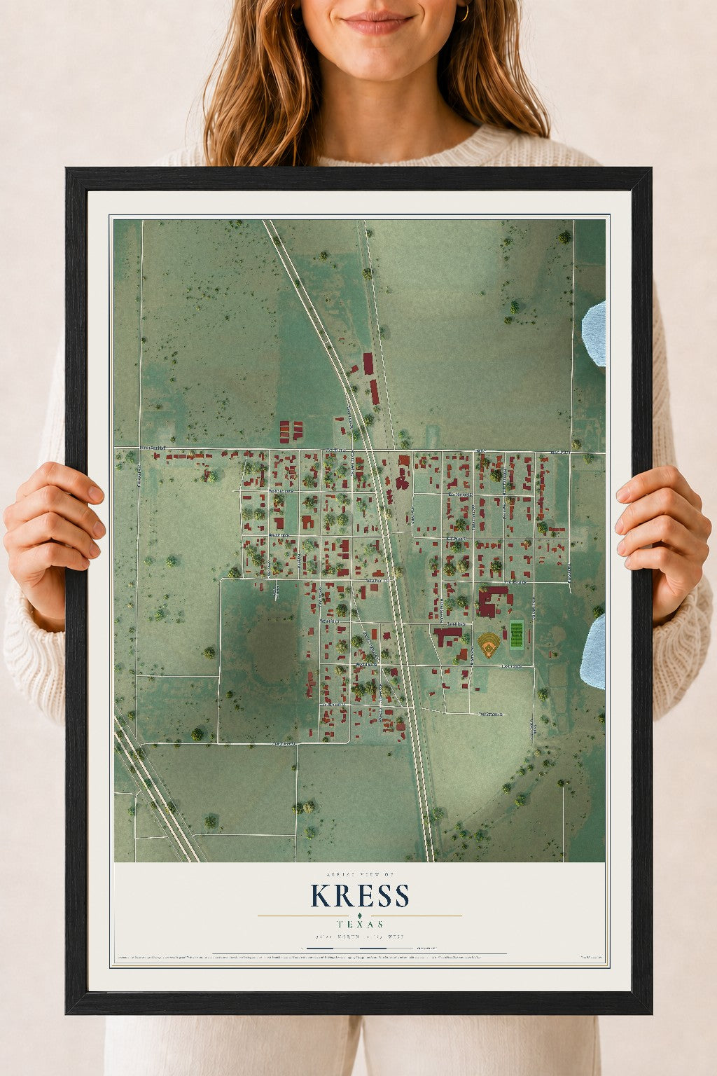 Map of Kress, Texas, 18 x 24 inch print in a black wood frame