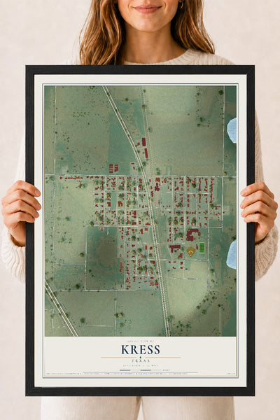 Map of Kress, Texas, 18 x 24 inch print in a black wood frame