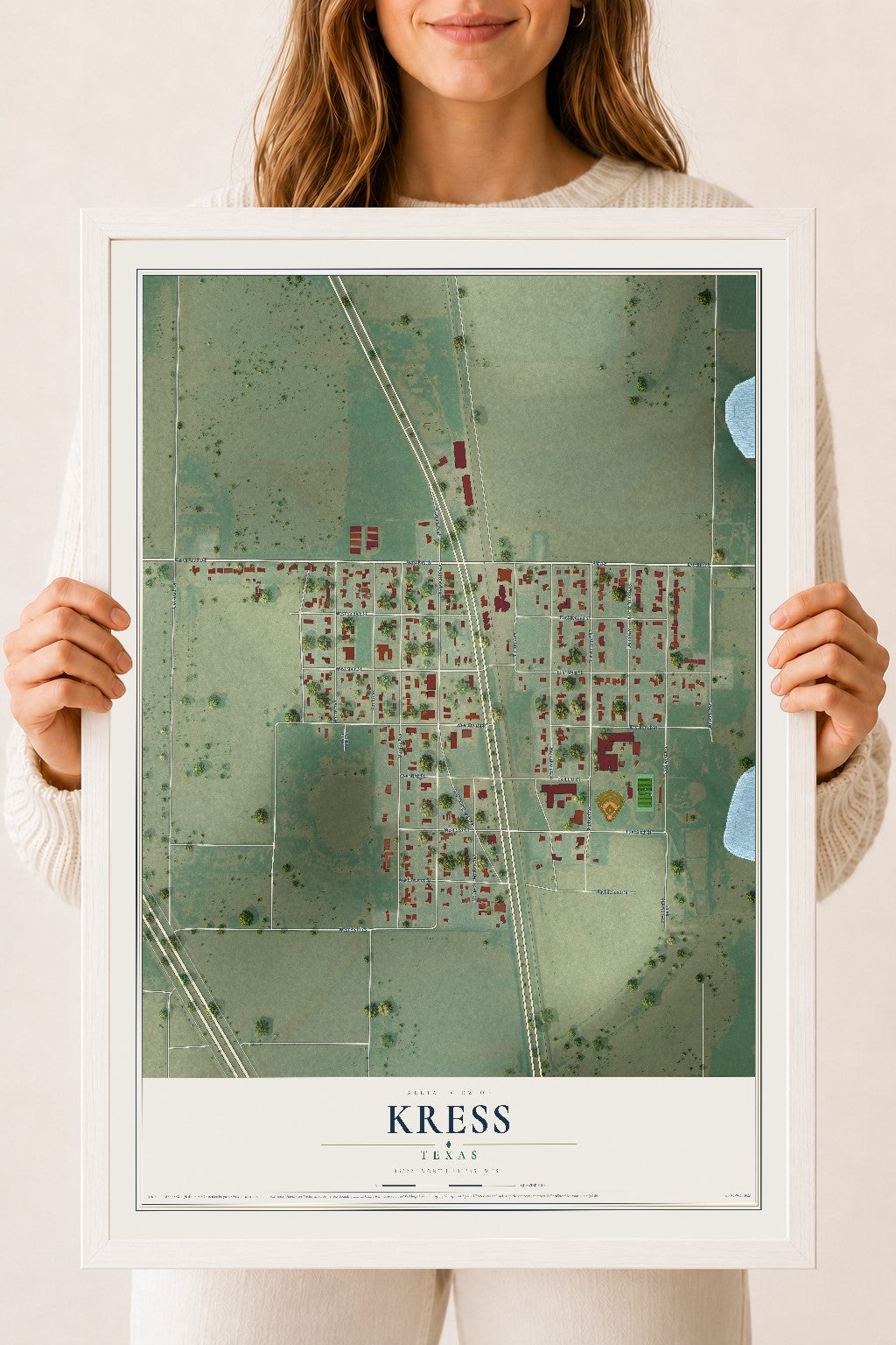 Map of Kress, Texas, 18 x 24 inch print in a white wood frame