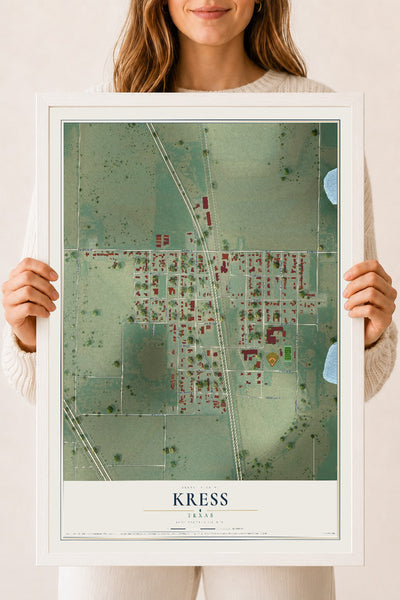 Map of Kress, Texas, 18 x 24 inch print in a white wood frame