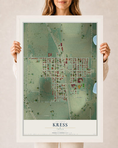 Map of Kress, Texas, 24 x 36 inch print in a white wood frame