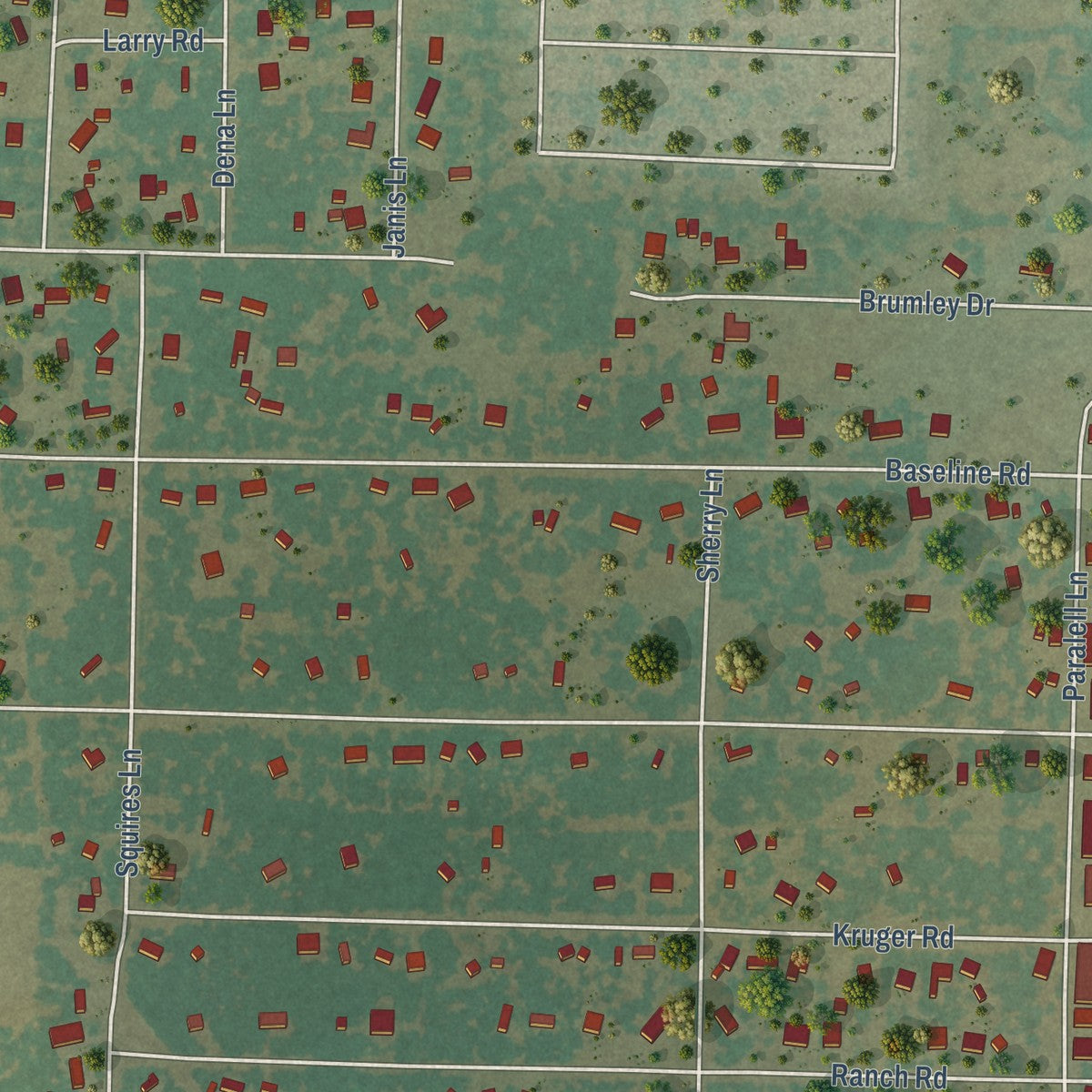 Second close-up of the map of Krugerville, Texas print showing more streets and buildings