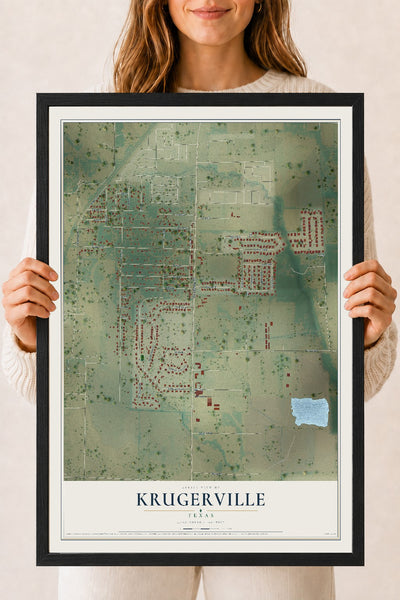 Map of Krugerville, Texas, 18 x 24 inch print in a black wood frame