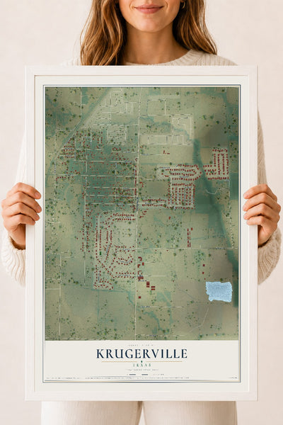 Map of Krugerville, Texas, 18 x 24 inch print in a white wood frame