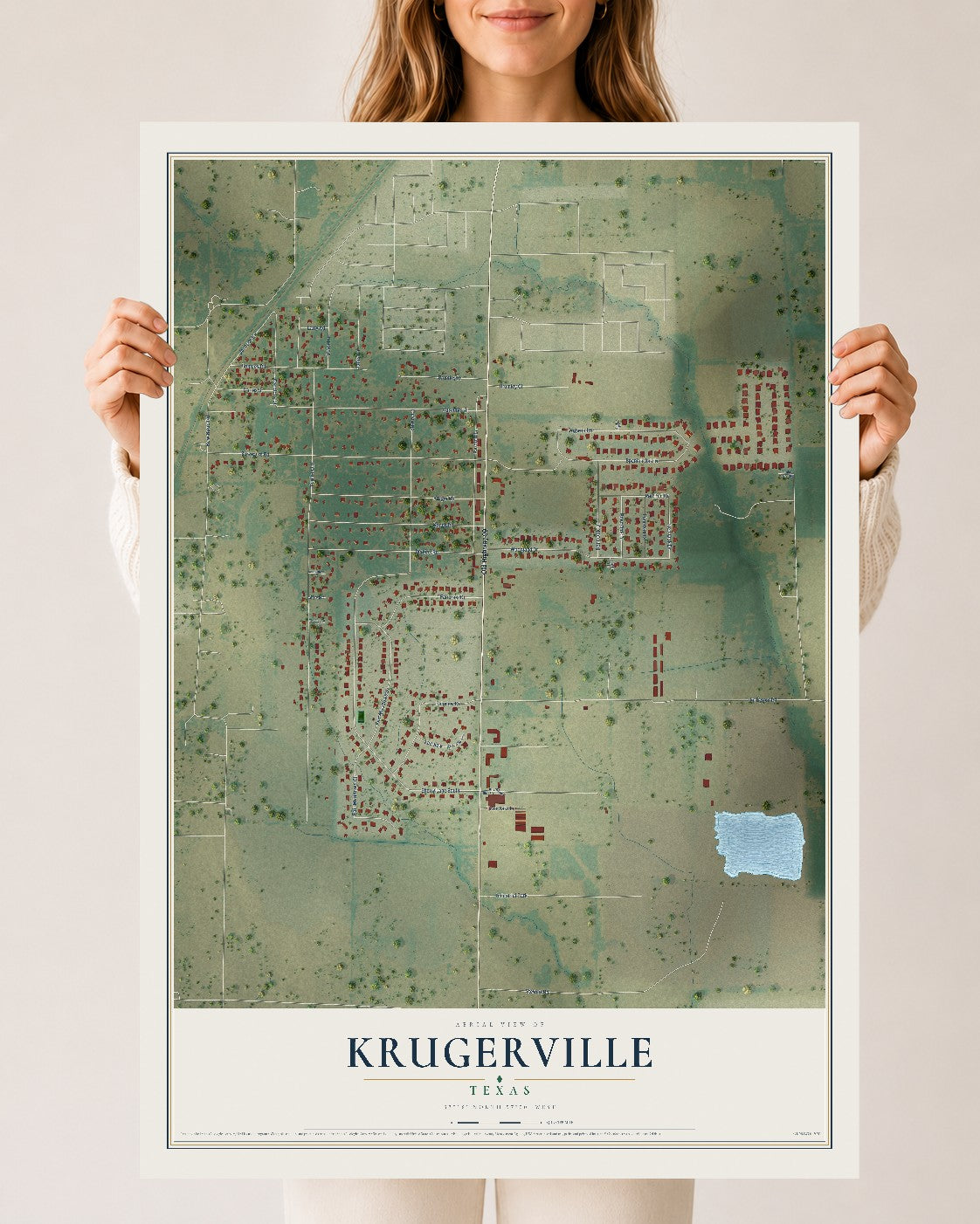 Map of Krugerville, Texas, 24 x 36 inch unframed archival matte print