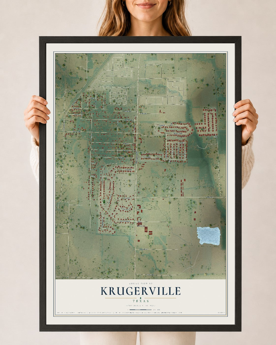 Map of Krugerville, Texas, 24 x 36 inch print in a black wood frame