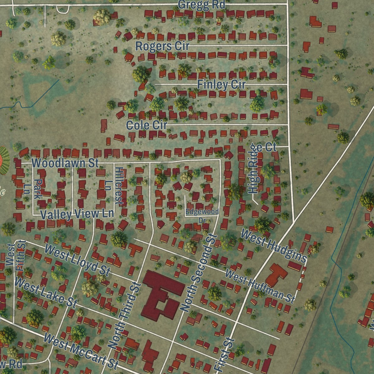 Second close-up of the map of Krum, Texas print showing more streets and buildings