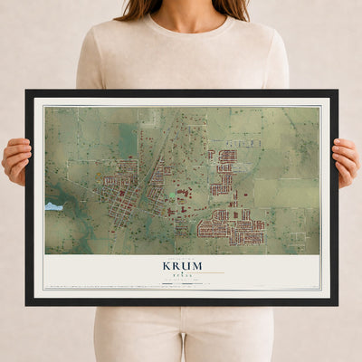 Map of Krum, Texas, 12 x 18 inch print in a black wood frame