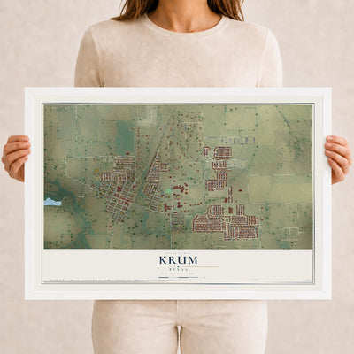 Map of Krum, Texas, 12 x 18 inch print in a white wood frame