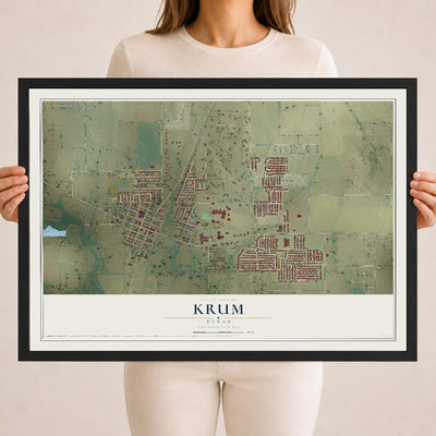 Map of Krum, Texas, 18 x 24 inch print in a black wood frame