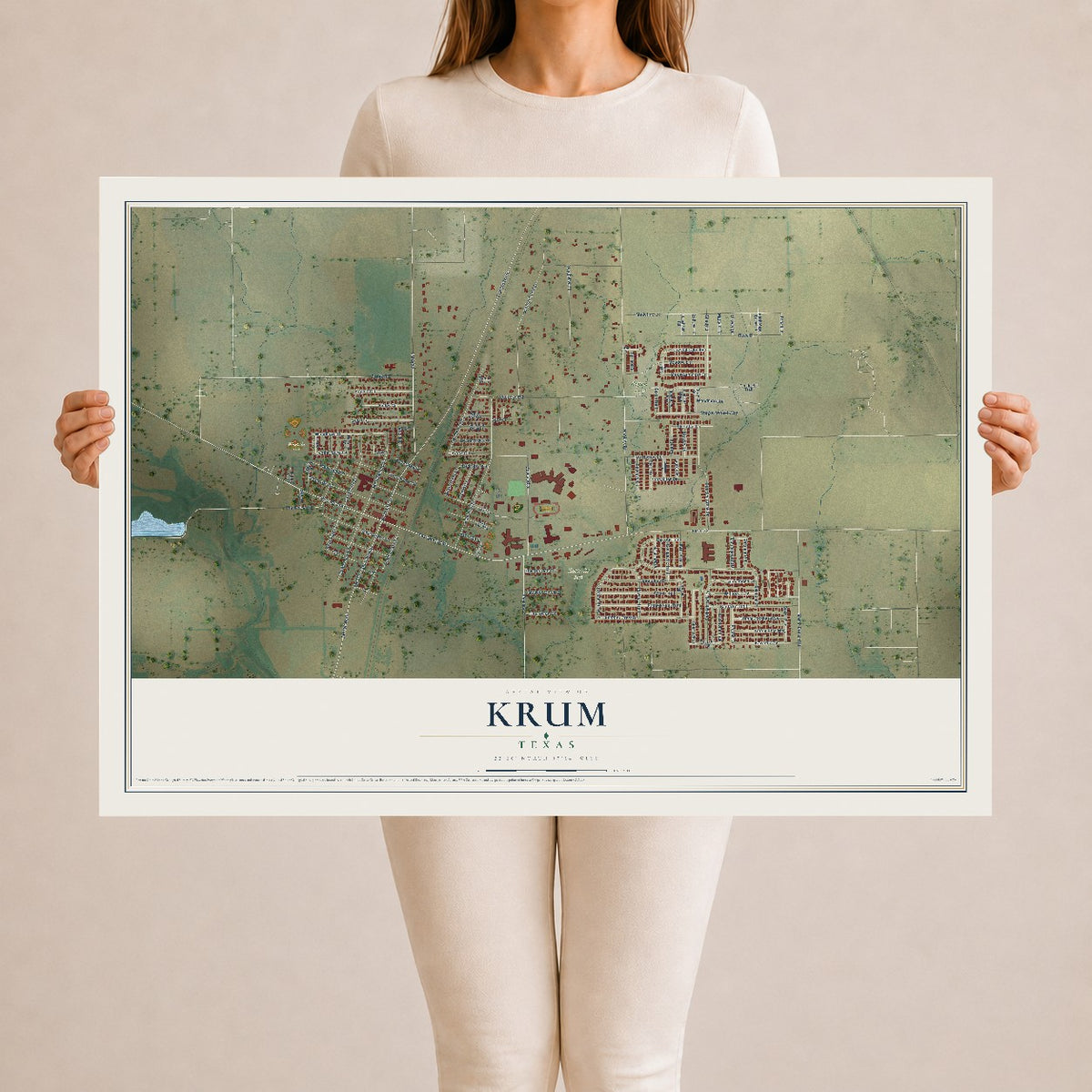 Map of Krum, Texas, 24 x 36 inch unframed archival matte print