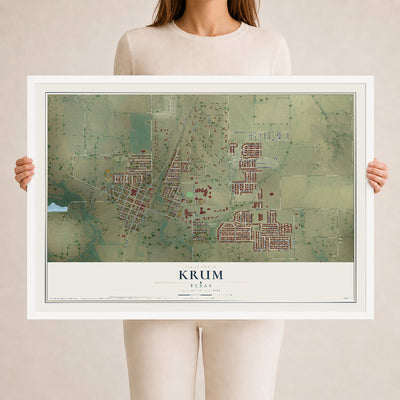 Map of Krum, Texas, 24 x 36 inch print in a white wood frame