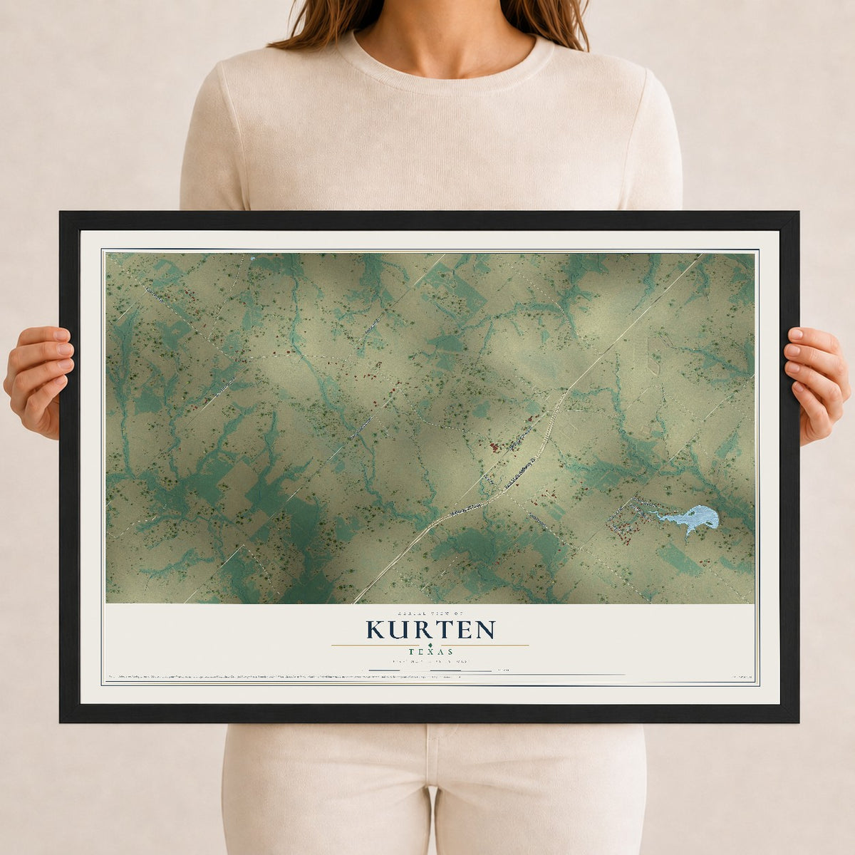 Map of Kurten, Texas, 12 x 18 inch print in a black wood frame
