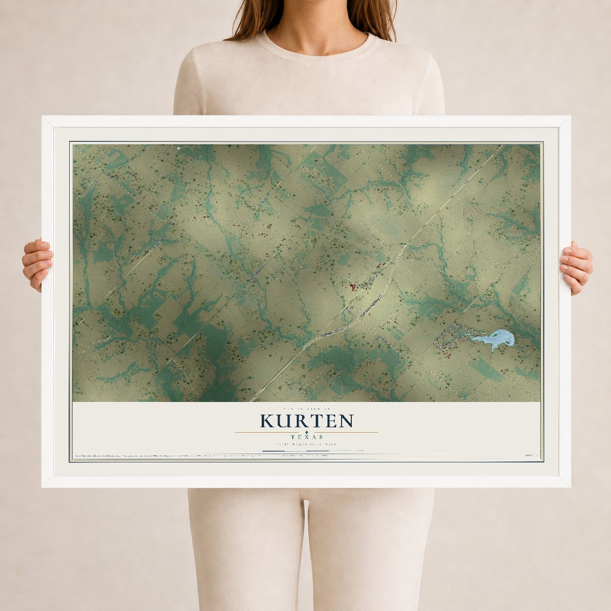 Map of Kurten, Texas, 24 x 36 inch print in a white wood frame