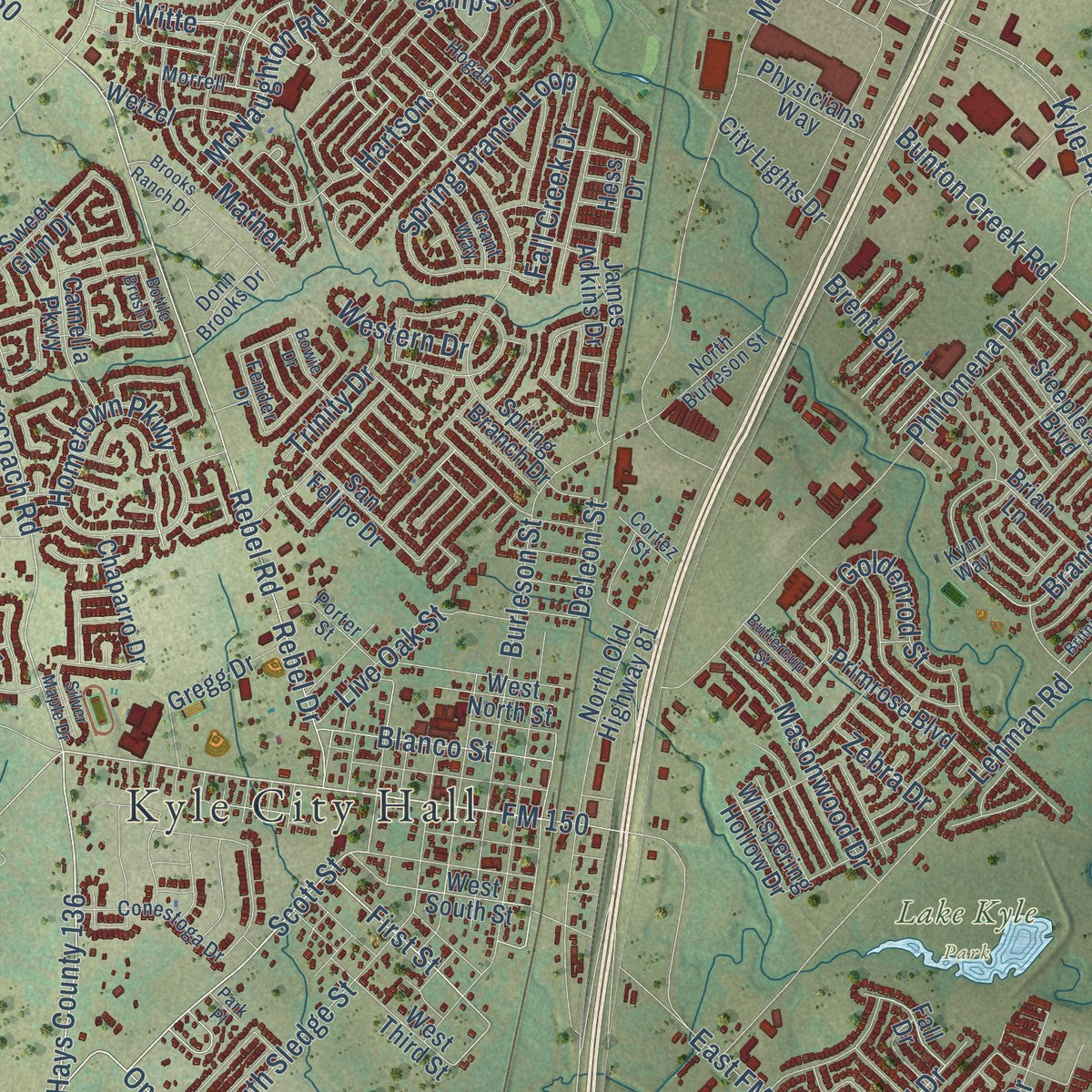 Close-up of the map of Kyle, Texas print showing street and building detail