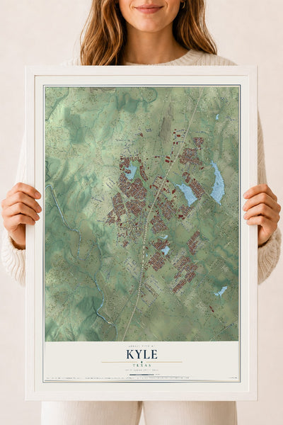 Map of Kyle, Texas, 18 x 24 inch print in a white wood frame