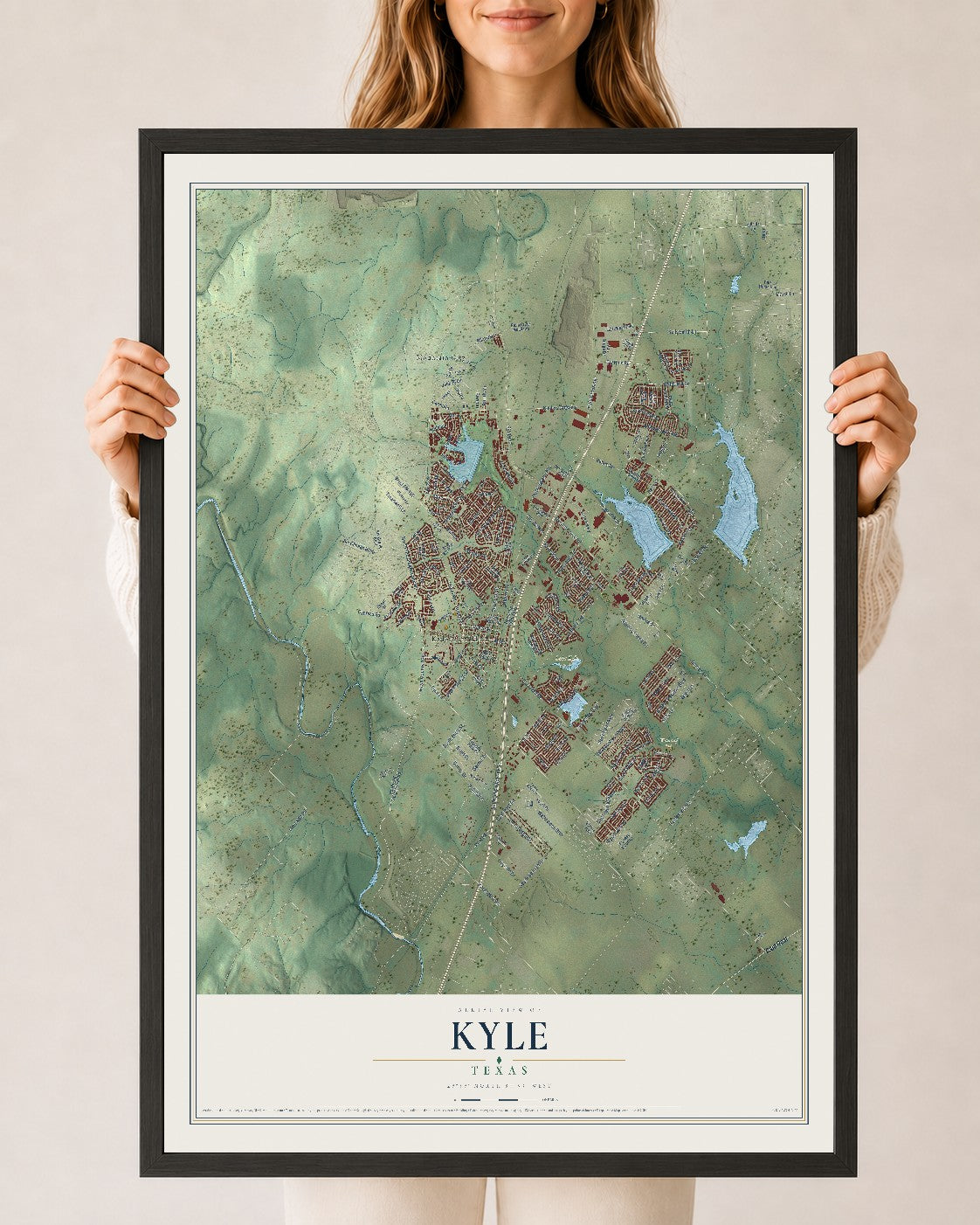 Map of Kyle, Texas, 24 x 36 inch print in a black wood frame