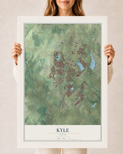Map of Kyle, Texas, 24 x 36 inch print in a white wood frame
