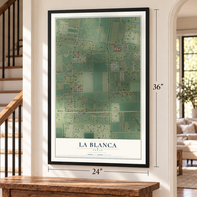 La Blanca, Texas map, 24 x 36 inch print in a black frame by a staircase