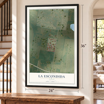 La Escondida, Texas map, 24 x 36 inch print in a black frame by a staircase
