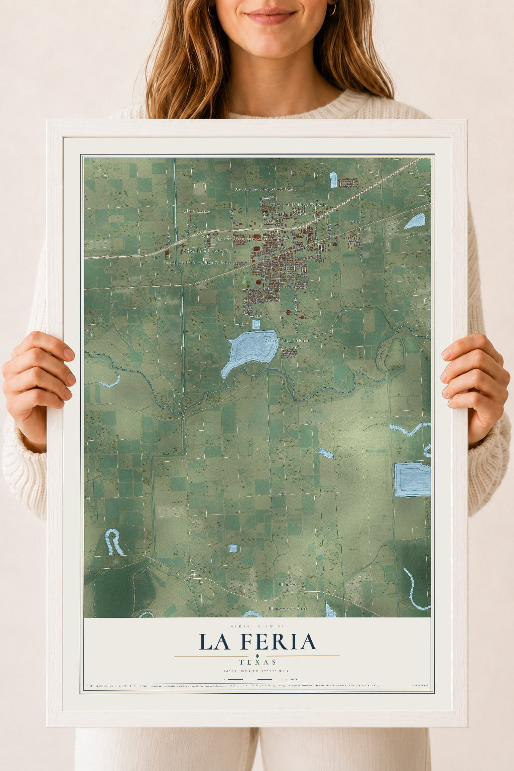 Map of La Feria, Texas, 18 x 24 inch print in a white wood frame