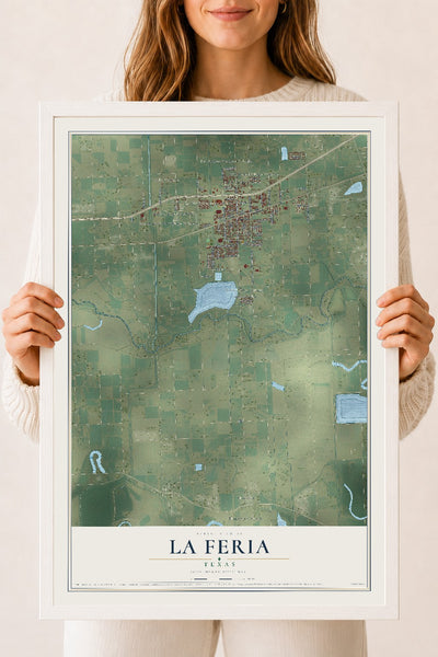 Map of La Feria, Texas, 18 x 24 inch print in a white wood frame