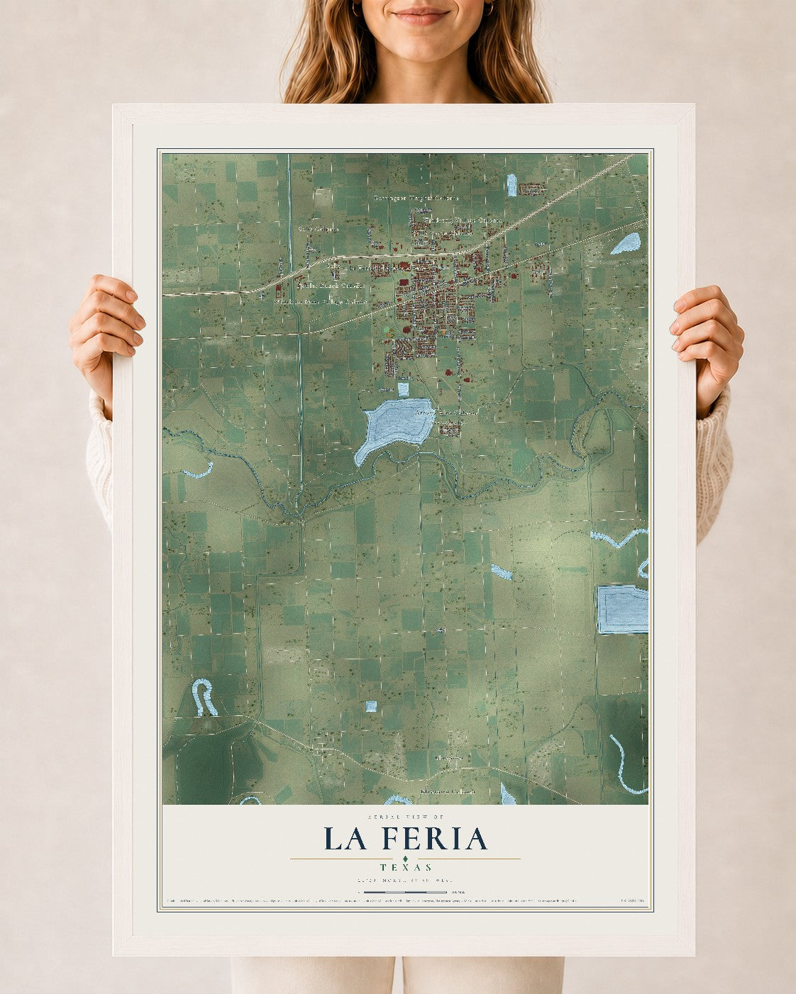 Map of La Feria, Texas, 24 x 36 inch print in a white wood frame