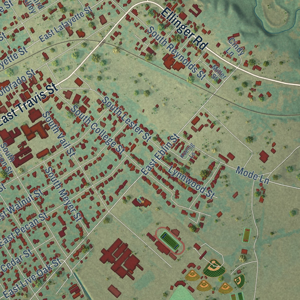 Close-up of the map of La Grange, Texas print showing street and building detail