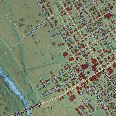 Second close-up of the map of La Grange, Texas print showing more streets and buildings