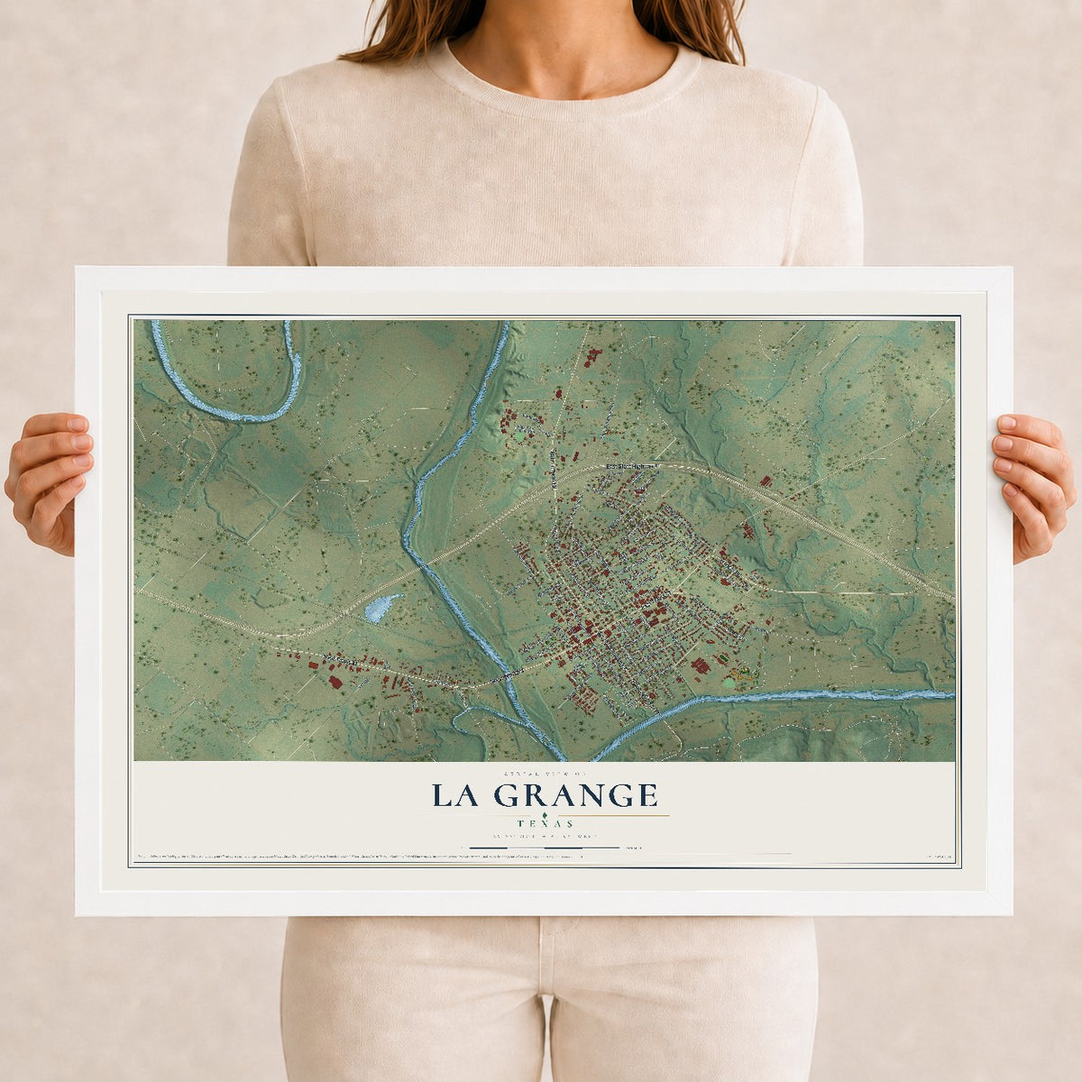 Map of La Grange, Texas, 12 x 18 inch print in a white wood frame
