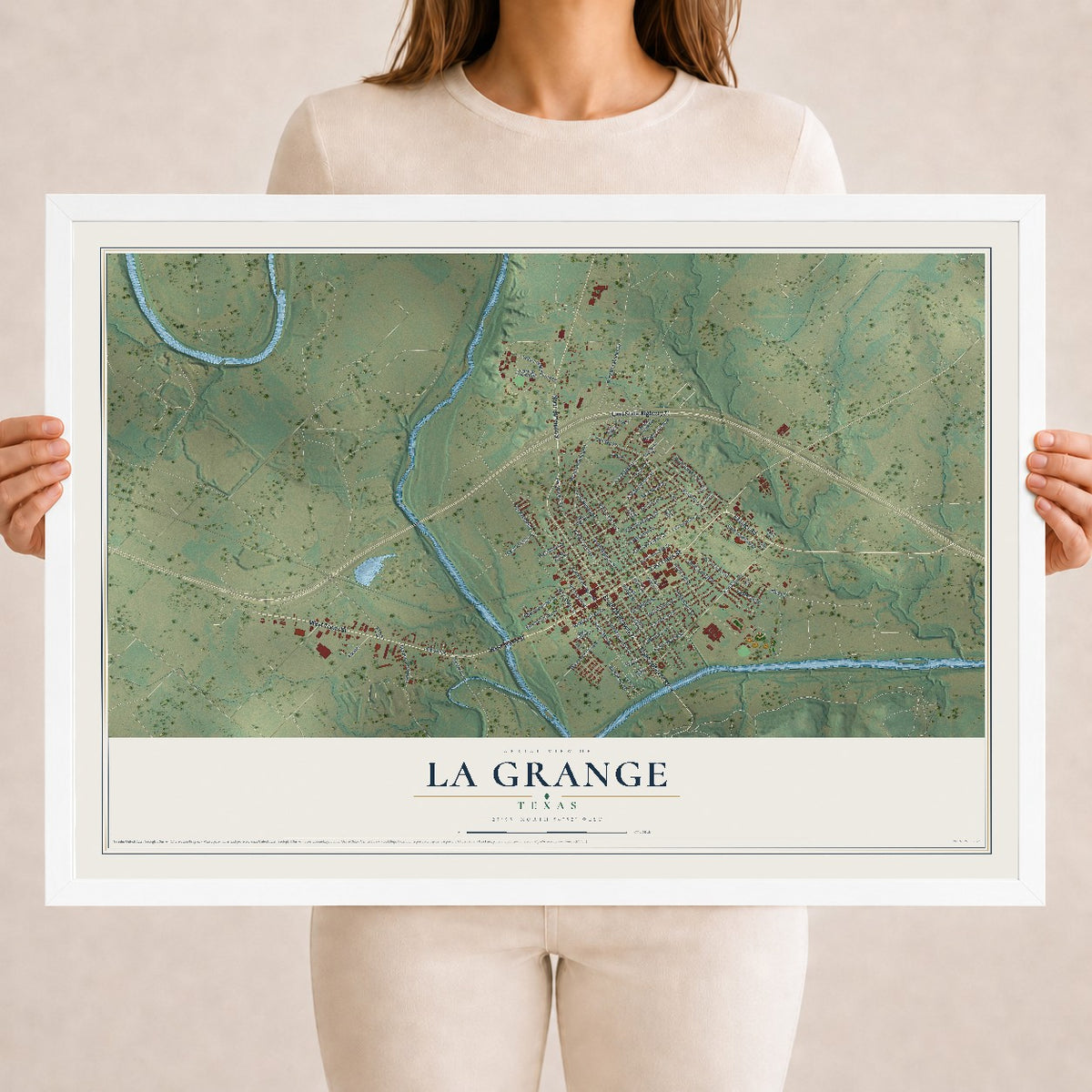 Map of La Grange, Texas, 18 x 24 inch print in a white wood frame