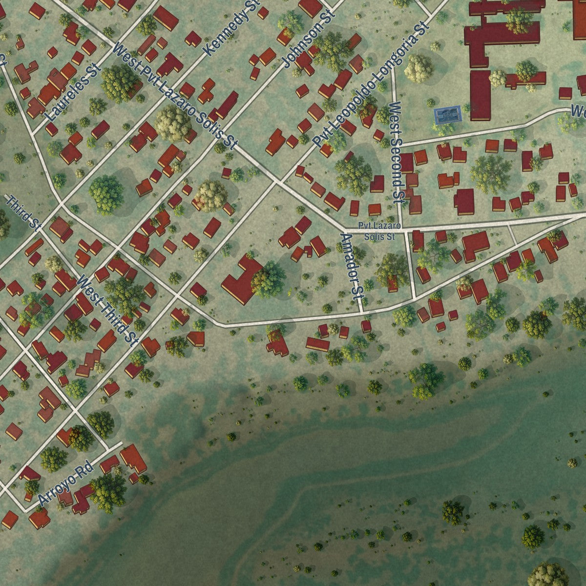 Close-up of the map of La Grulla, Texas print showing street and building detail