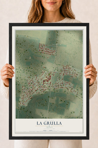 Map of La Grulla, Texas, 18 x 24 inch print in a black wood frame