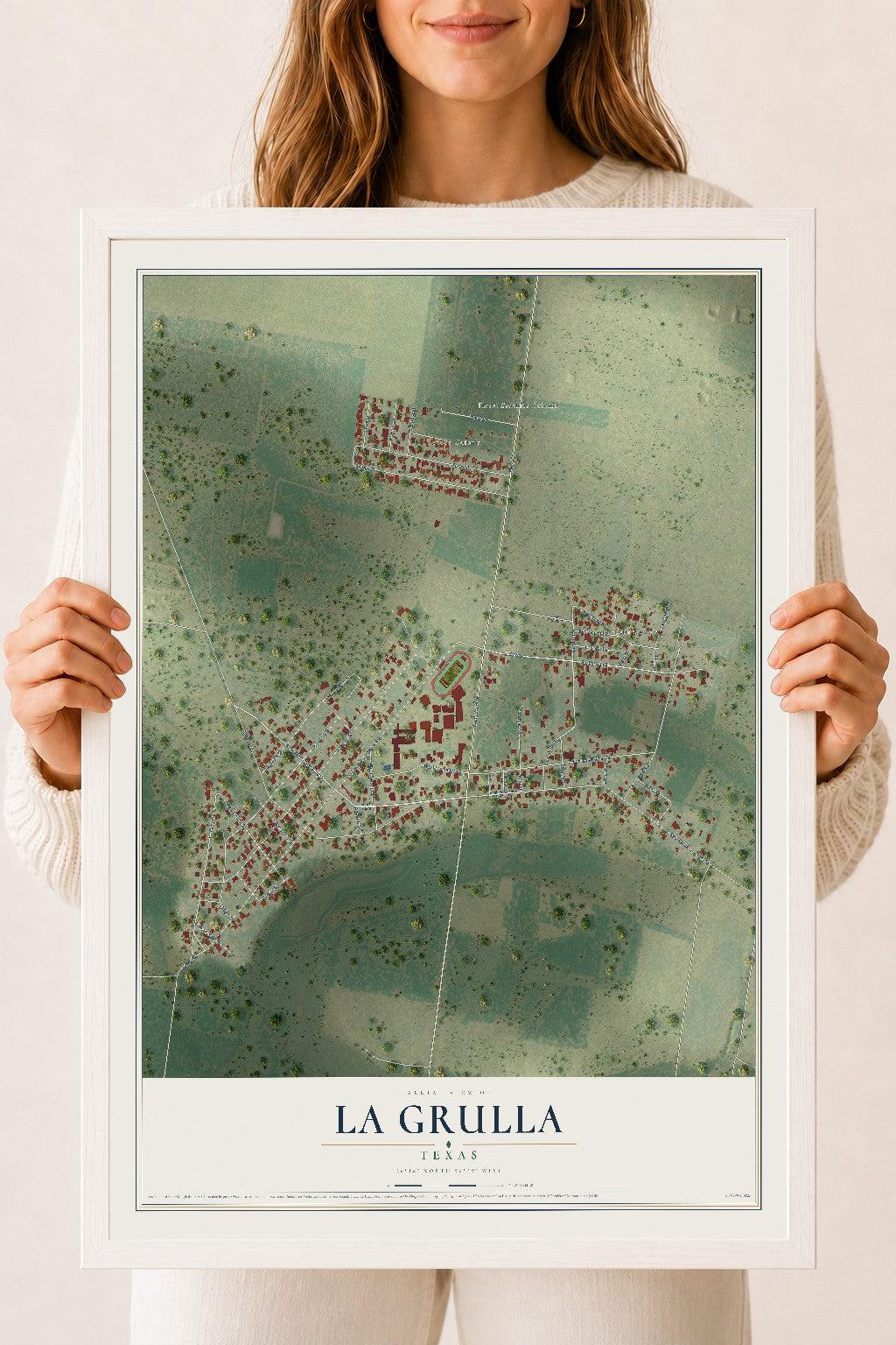 Map of La Grulla, Texas, 18 x 24 inch print in a white wood frame