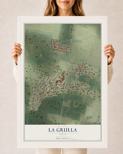 Map of La Grulla, Texas, 24 x 36 inch print in a white wood frame