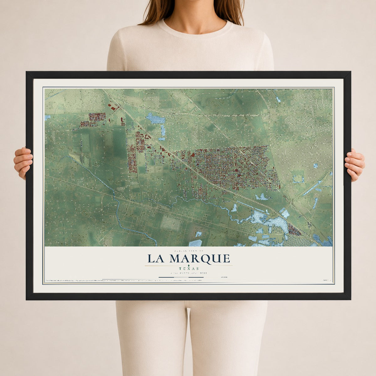 Map of La Marque, Texas, 24 x 36 inch print in a black wood frame